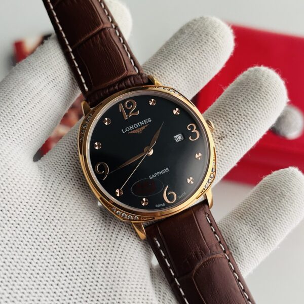 Longines Elegant Collection Black Dial Brown Strap Men's Watch