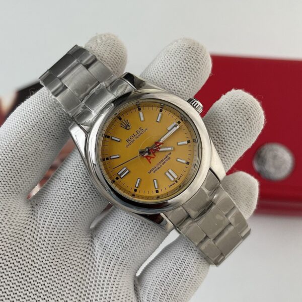 Rolex Oyster Perpetual Yellow Dial Silver Bracelet Automatic Men's Watch