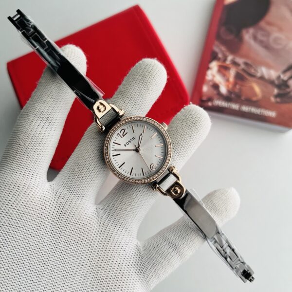 Fossil Silver Dial Rose Gold Crystal Bezel Women's Watch