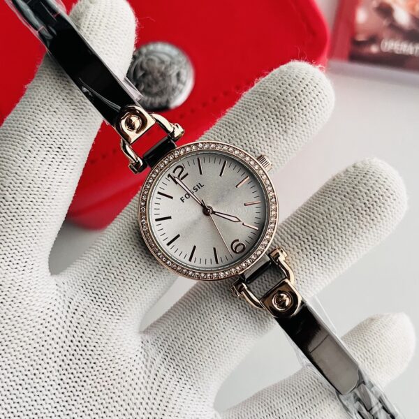 Fossil Silver Dial Rose Gold Crystal Bezel Women's Watch