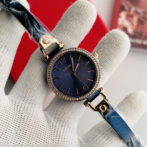 Fossil Navy Blue Dial Rose Gold Crystal Bezel Women's Watch