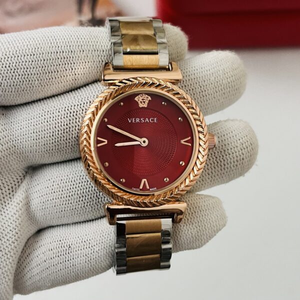 Versace Red dial Textured Bezel Dual-Tone Stainless Steel Women's Watch