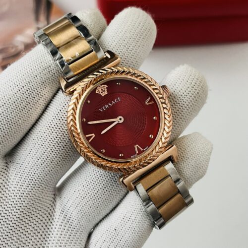 Versace Red dial Textured Bezel Dual-Tone Stainless Steel Women's Watch
