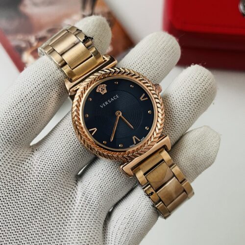 Versace Blue Dial Textured Bezel Gold-Tone Stainless Steel Women's Watch