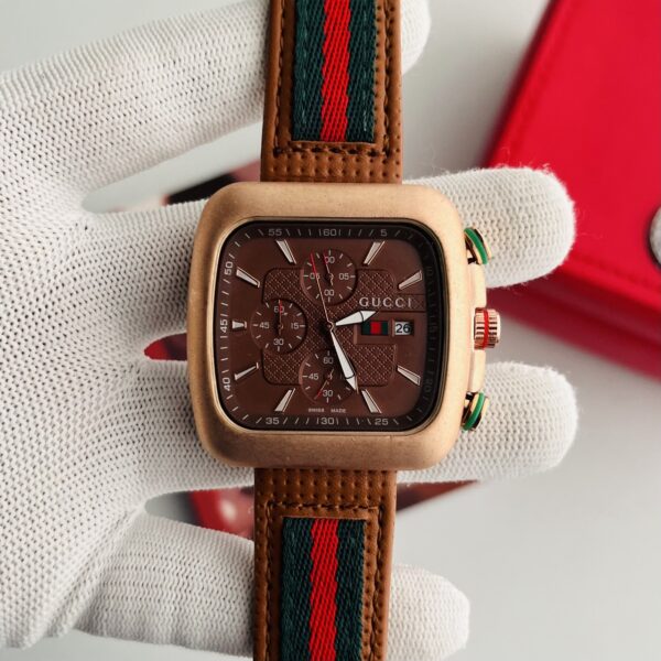 Gucci Vintage Square Chronograph Brown Dial Web Strap Men's Watch