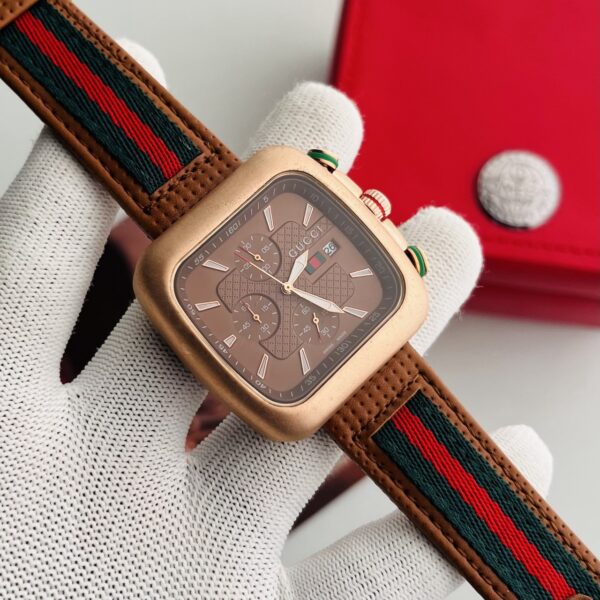 Gucci Vintage Square Chronograph Brown Dial Web Strap Men's Watch