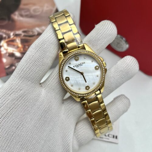 Coach New York Gold-Tone Crystal Bezel White Mother of Pearl Dial Women's Watch