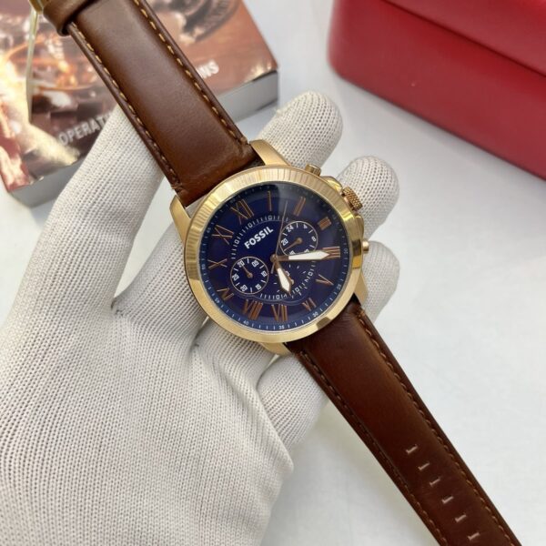 Fossil Blue Dial Rose Gold Multi-Function Brown Leather Men's Watch