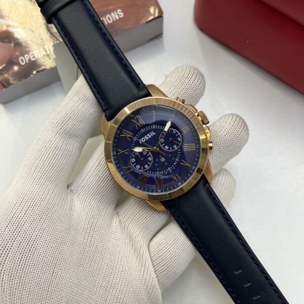 Fossil Blue Dial Multi-Function Gold Case Leather Men's Watch