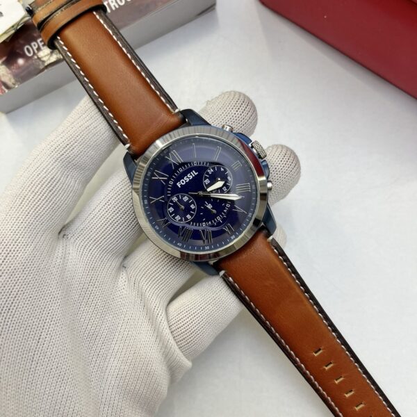 Fossil Blue Dial Multi-Function Silver Case Brown Leather Men's Watch