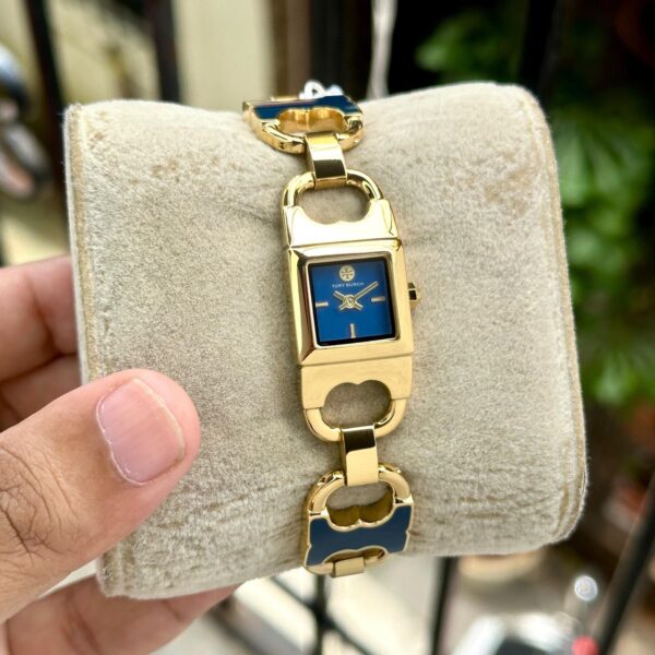 Tory Burch Mini Square Blue Dial Gold-Tone Bracelet Women's Watch